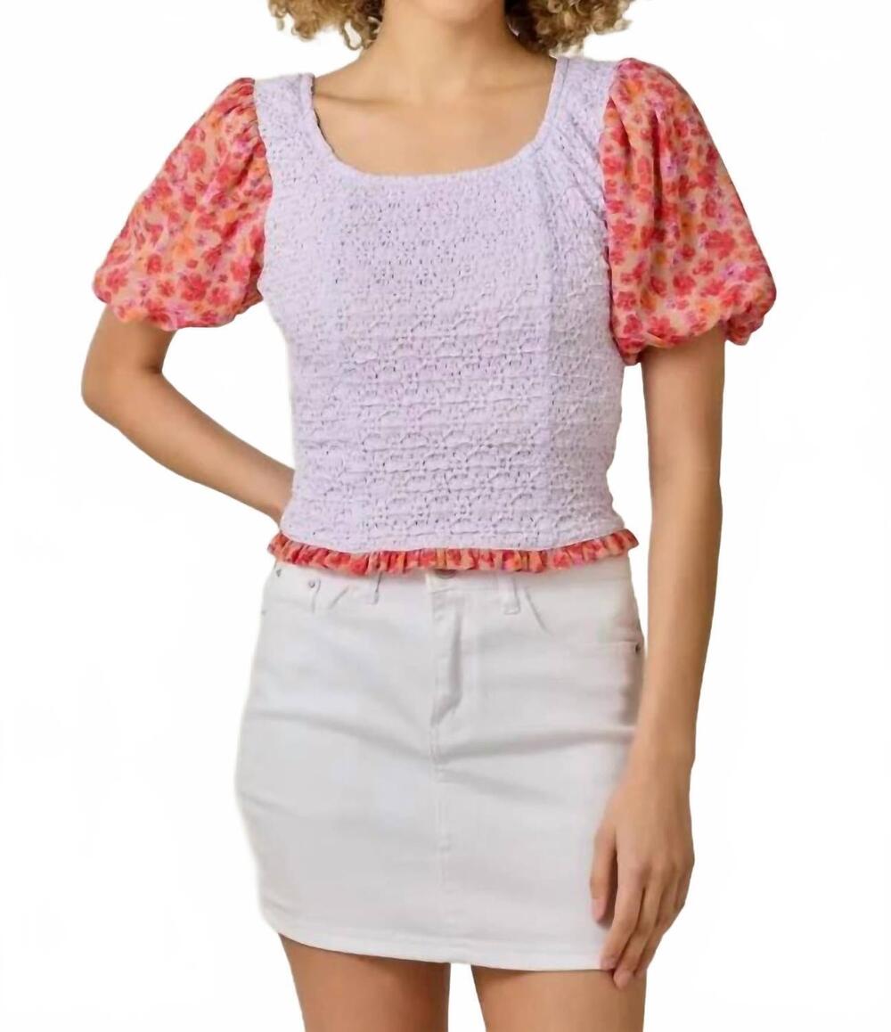 NEW MYSTREE chiffon sleeve lace top in purple multi